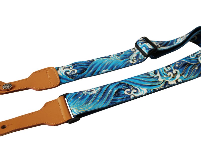 MUSIC FIRST Original Design, 2 inch width (5cm), â€œTsunami Wavesâ€ Soft Muslin & Genuine Leather Delux Banjo Strap, With 2 pieces of MUSIC FIRST Leather Strap Locker. (Tsunami Waves) - Image 4